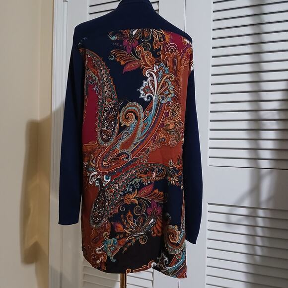 Chico's Sz3 US XL Navy Open Long-sleeved Cardigan Sweater Printed Crepe Back - Picture 4 of 7